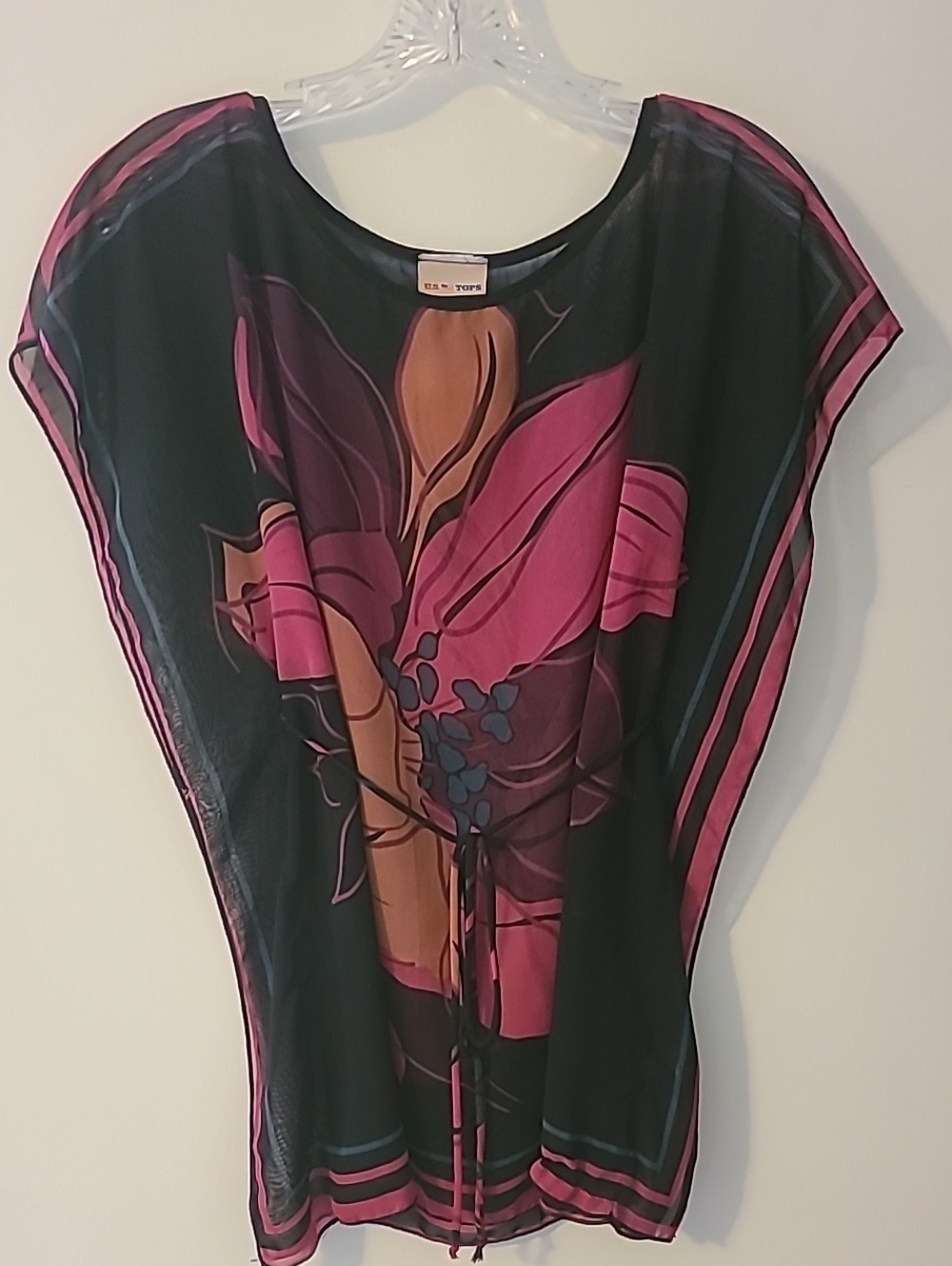 Vtg Y2K U.S. Top sheer, lightweight floral kaftan Dolman-style side Drapes & Tie